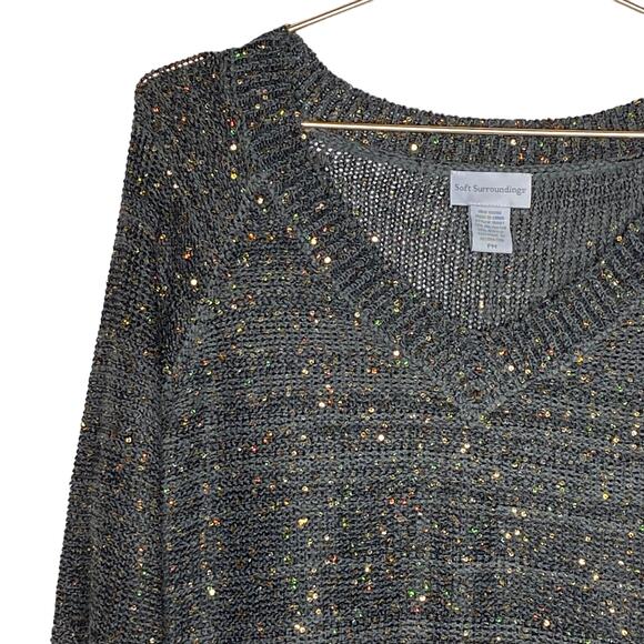 Soft Surroundings Womens Petite Medium Gray Tunic Sweater Gold Sequins V Neck - Picture 2 of 8